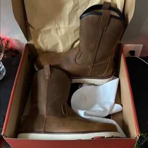 Men's Brown Pull-On Work Boots with White Sole